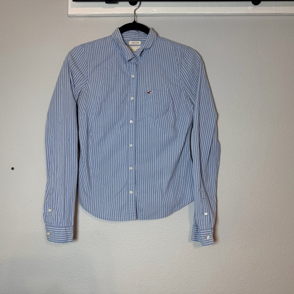 Y2K Vintage Hollister Button Up Shirt Size Medium Blue White Striped Cotton